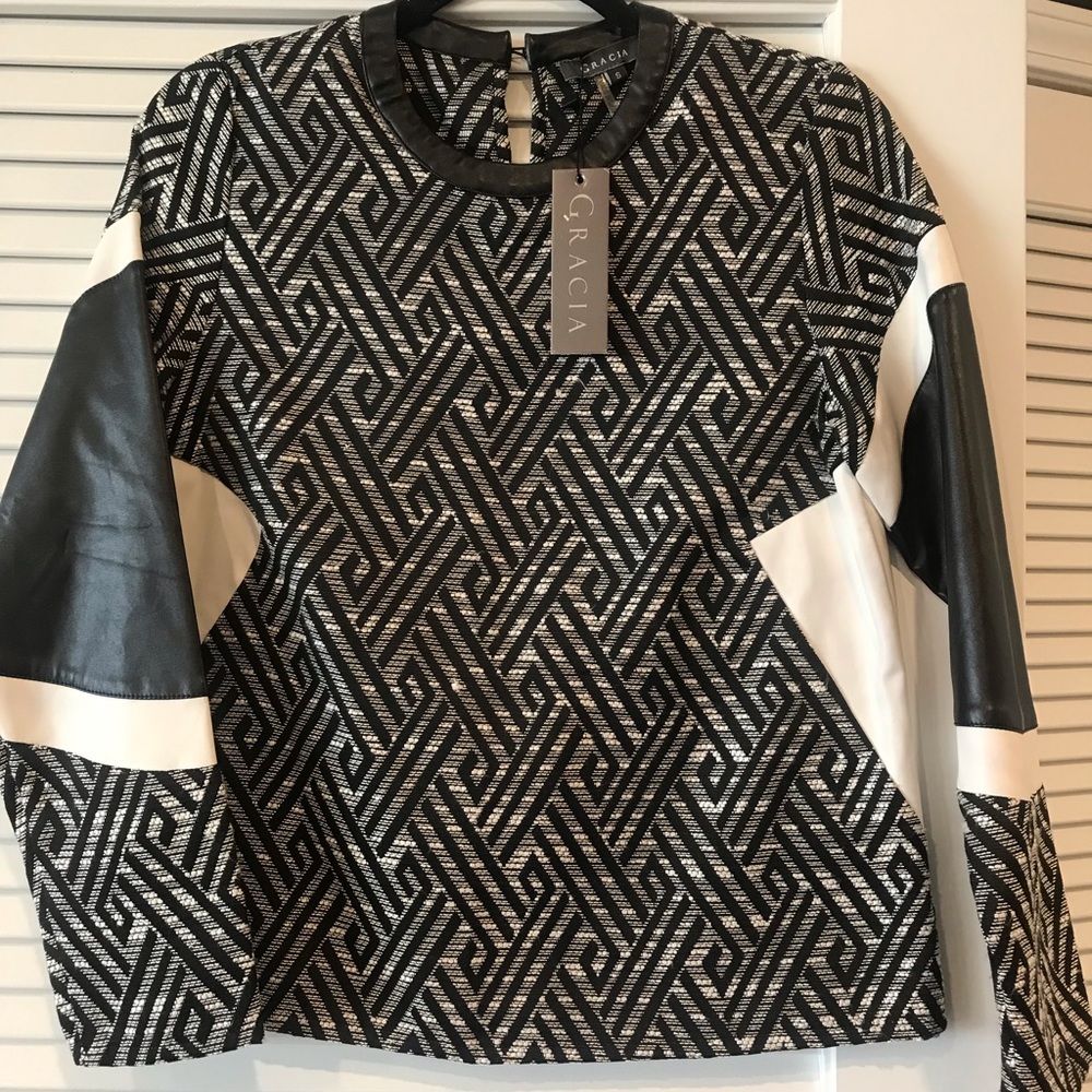 Print Tweed Top w/ faux leather details